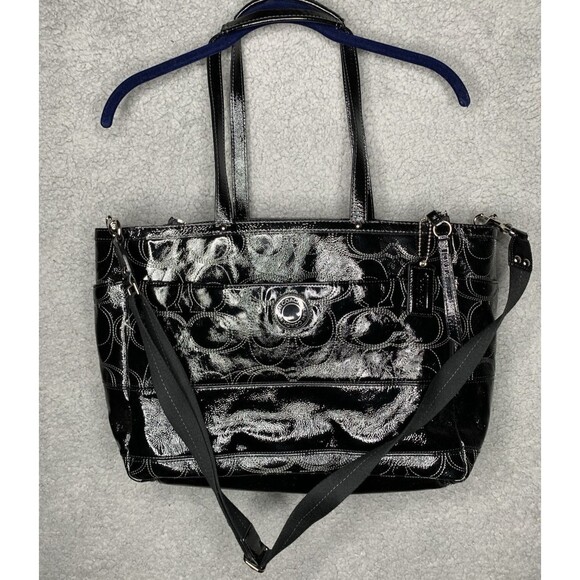 Coach Bag F19256 Signature Stitched Black Patent Lg. Leather Diaper Tote Laptop - Picture 1 of 16